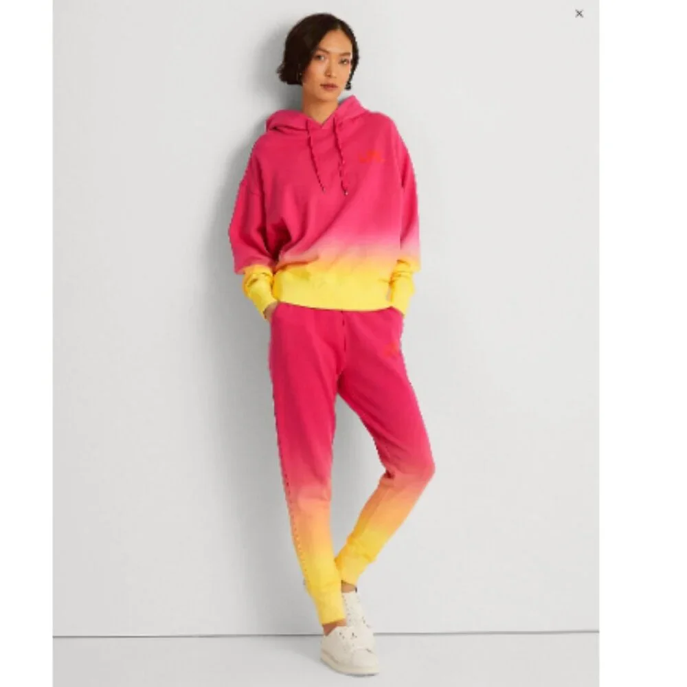Lauren Ralph Lauren Dip-Dyed French Terry Hoodie Pink/Yellow Size Medium Women - Picture 3 of 16